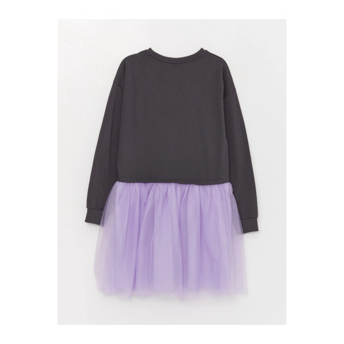 Bisiklet Yaka Baskılı Uzun Kollu Kız Çocuk Elbise