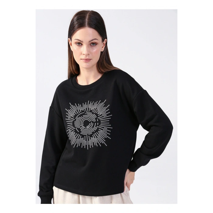 Bisiklet Yaka Taşlı Siyah Kadın Sweatshırt 22k0062k1