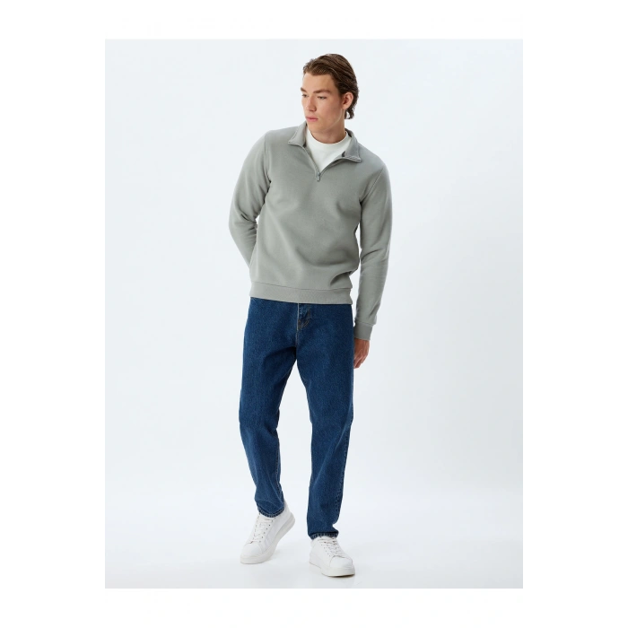 Yarım Fermuarlı Yaka Basic Şardonlu Pamuk Karışımlı Uzun Kollu Sweatshirt