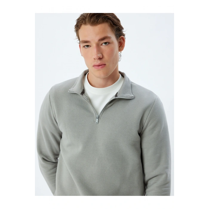 Yarım Fermuarlı Yaka Basic Şardonlu Pamuk Karışımlı Uzun Kollu Sweatshirt