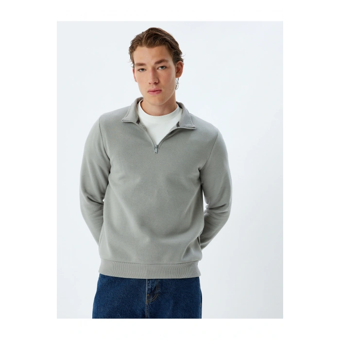 Yarım Fermuarlı Yaka Basic Şardonlu Pamuk Karışımlı Uzun Kollu Sweatshirt