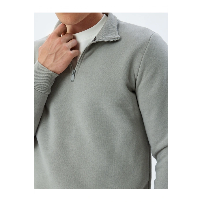 Yarım Fermuarlı Yaka Basic Şardonlu Pamuk Karışımlı Uzun Kollu Sweatshirt