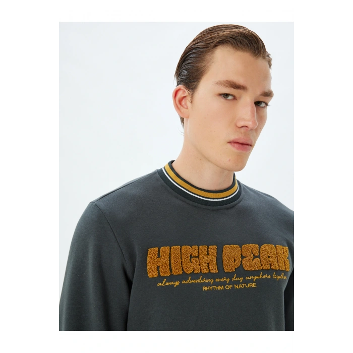 Bisiklet Yaka Sweatshirt Kolej Nakışlı Şardonlu Pamuk Karışımlı