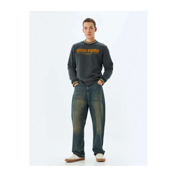 Bisiklet Yaka Sweatshirt Kolej Nakışlı Şardonlu Pamuk Karışımlı