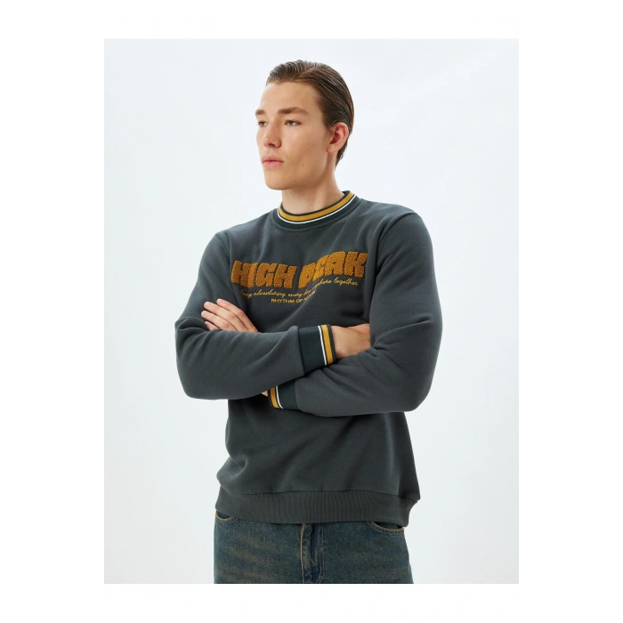 Bisiklet Yaka Sweatshirt Kolej Nakışlı Şardonlu Pamuk Karışımlı