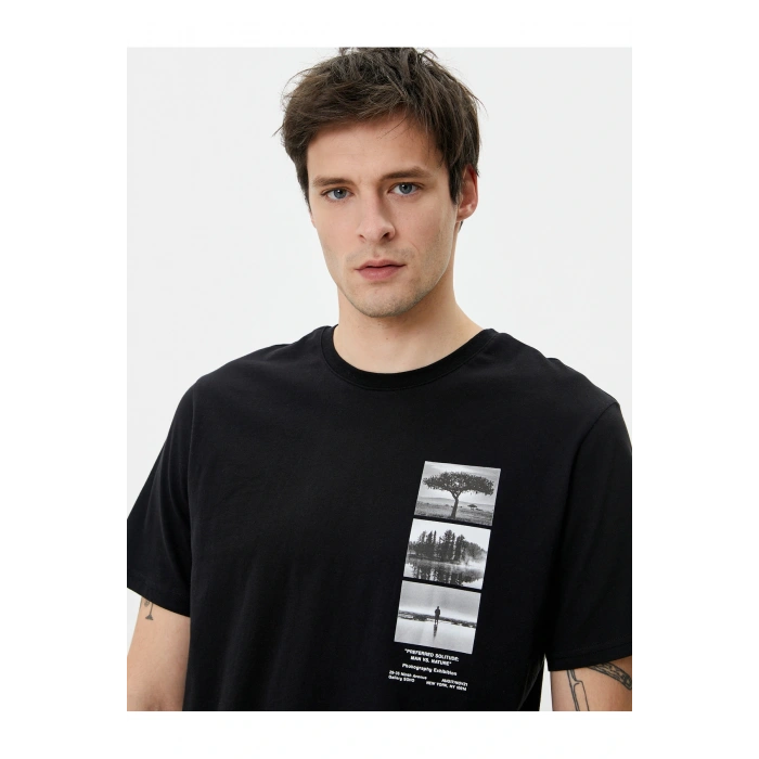 Baskılı Tişört Bisiklet Yaka Kısa Kollu Pamuklu