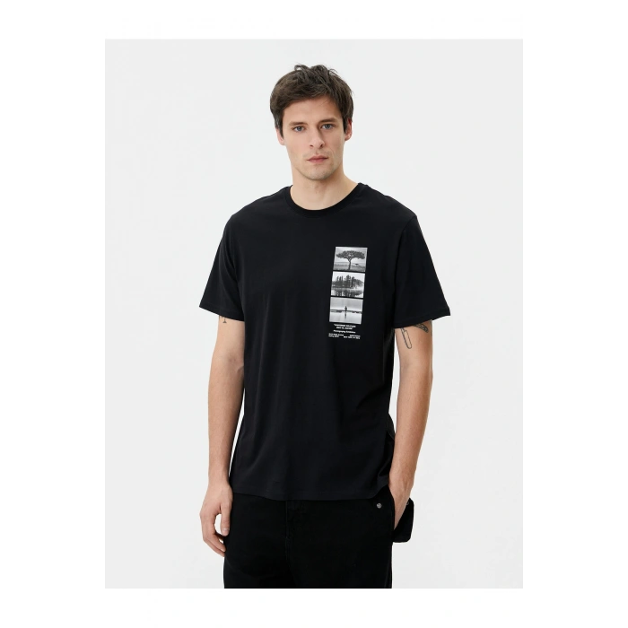 Baskılı Tişört Bisiklet Yaka Kısa Kollu Pamuklu