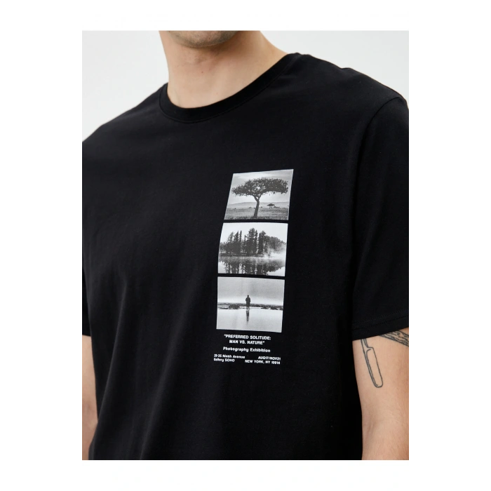 Baskılı Tişört Bisiklet Yaka Kısa Kollu Pamuklu