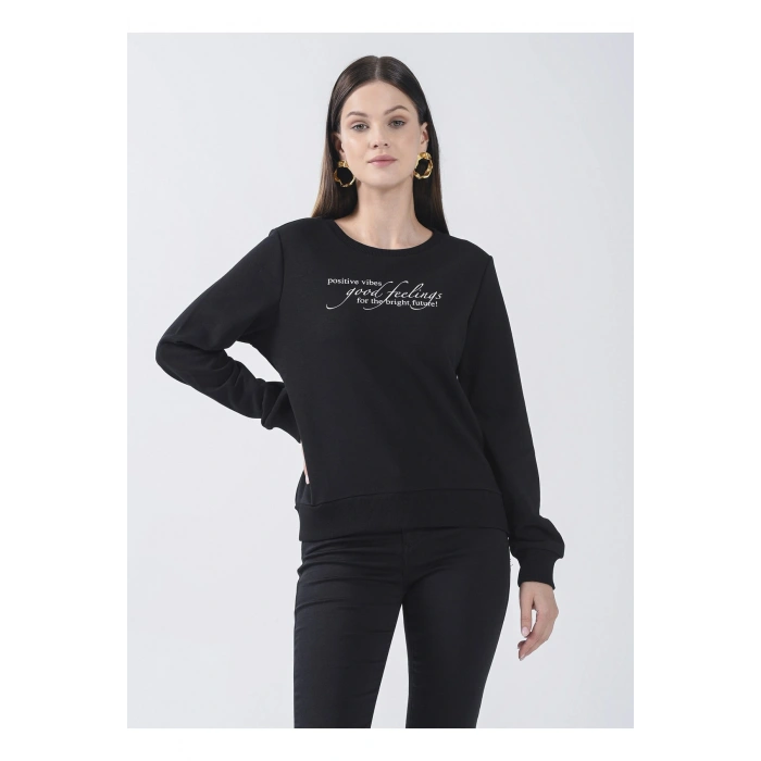 Bisiklet Yaka Baskılı Siyah Kadın Sweatshırt 22k0375k1