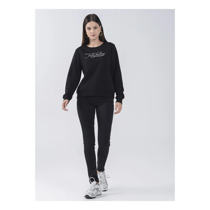 Bisiklet Yaka Baskılı Siyah Kadın Sweatshırt 22k0375k1