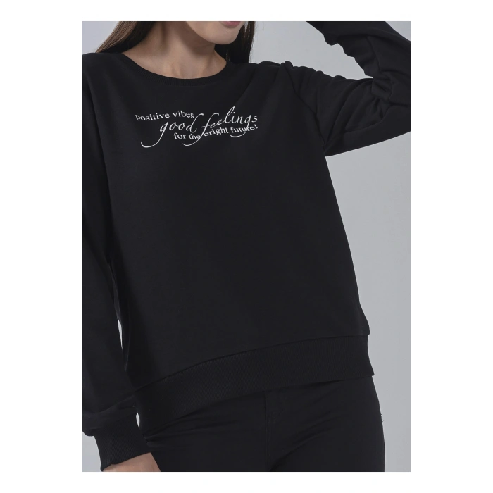 Bisiklet Yaka Baskılı Siyah Kadın Sweatshırt 22k0375k1