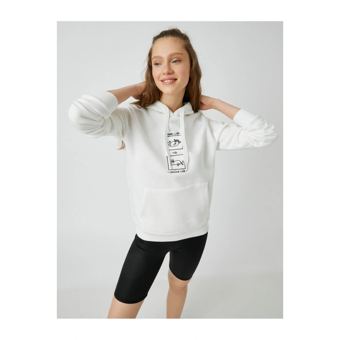 Kedi Baskılı Kapüşonlu Sweatshirt Uzun Kollu Içi Polarlı