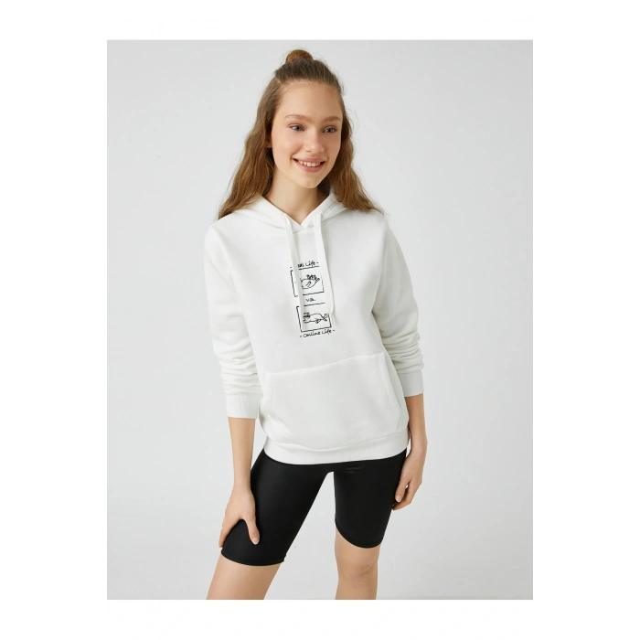Kedi Baskılı Kapüşonlu Sweatshirt Uzun Kollu Içi Polarlı