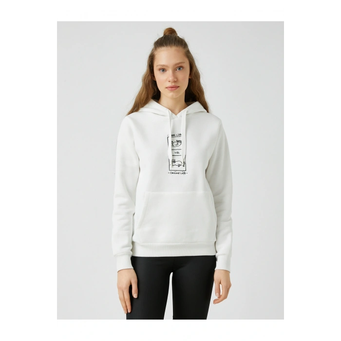 Kedi Baskılı Kapüşonlu Sweatshirt Uzun Kollu Içi Polarlı