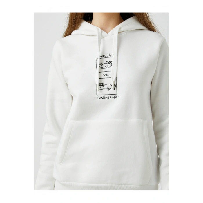 Kedi Baskılı Kapüşonlu Sweatshirt Uzun Kollu Içi Polarlı