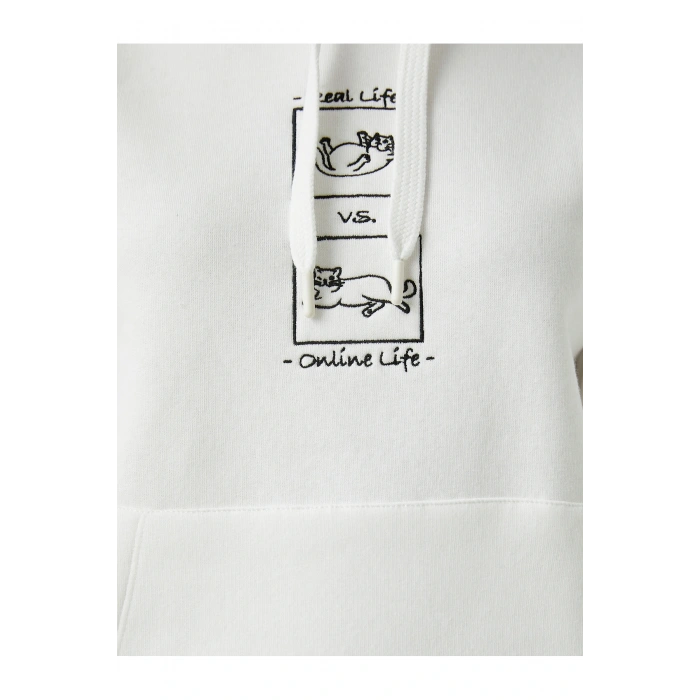 Kedi Baskılı Kapüşonlu Sweatshirt Uzun Kollu Içi Polarlı