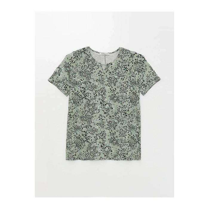 LCW Grace Bisiklet Yaka Desenli Kısa Kollu Kadın Tişört