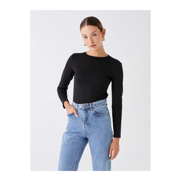 Bisiklet Yaka Düz Uzun Kollu Kadın Tişört