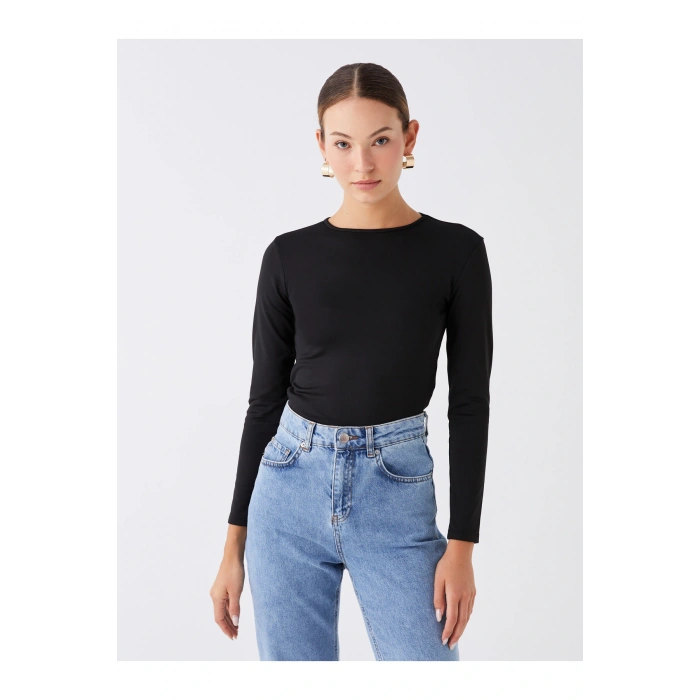 Bisiklet Yaka Düz Uzun Kollu Kadın Tişört