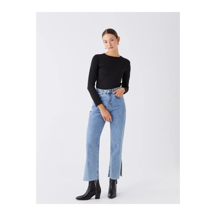 Bisiklet Yaka Düz Uzun Kollu Kadın Tişört