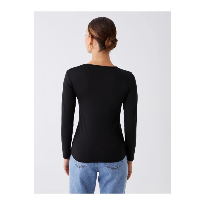 Bisiklet Yaka Düz Uzun Kollu Kadın Tişört