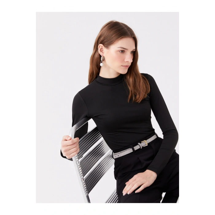 Bisiklet Yaka Düz Uzun Kollu Kadın Tişört