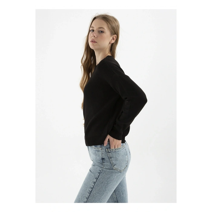 Bisiklet Yaka Düz Siyah Kadın Kazak 22k0166k1