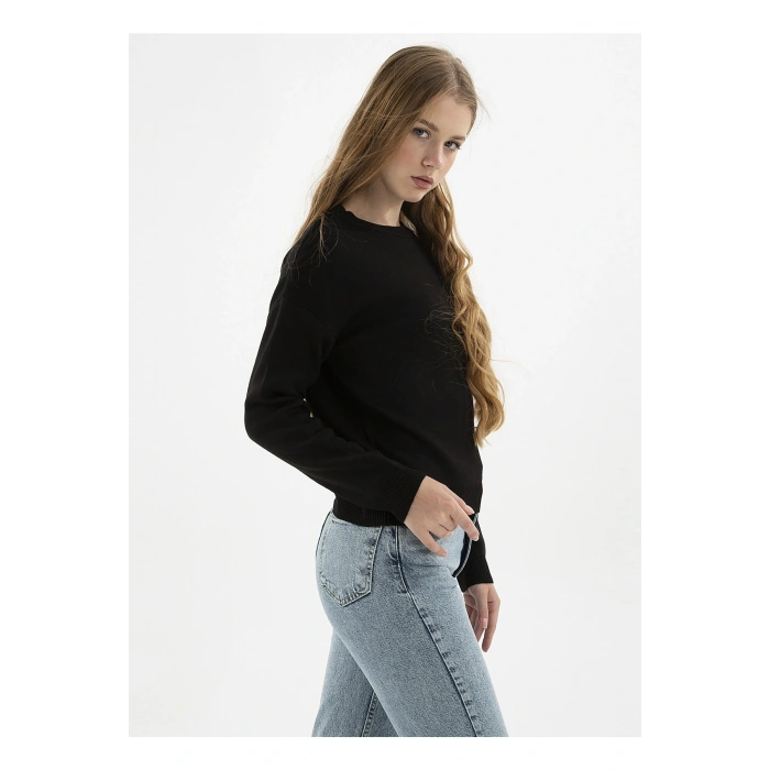 Bisiklet Yaka Düz Siyah Kadın Kazak 22k0166k1