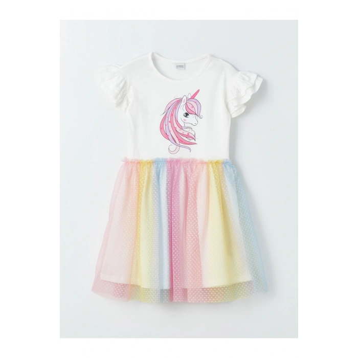 Bisiklet Yaka Baskılı Kız Çocuk Elbise