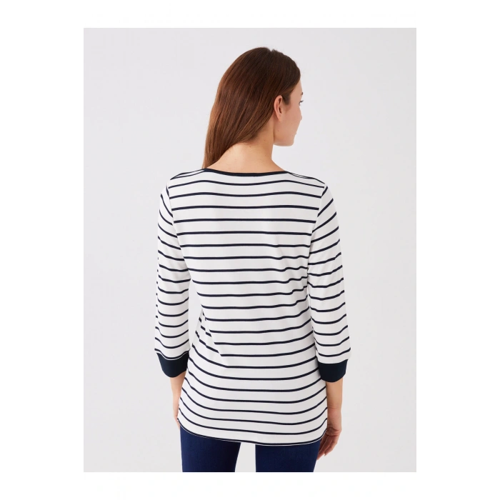 Kayık Yaka Çizgili Kadın Tişört