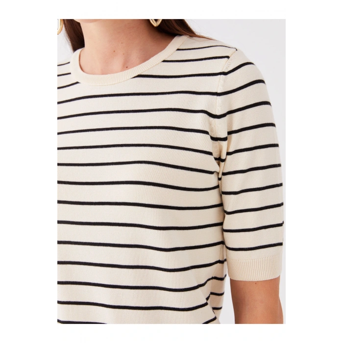 Bisiklet Yaka Çizgili Kısa Kollu Kadın Triko Kazak