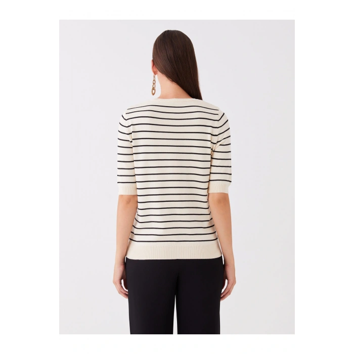 Bisiklet Yaka Çizgili Kısa Kollu Kadın Triko Kazak