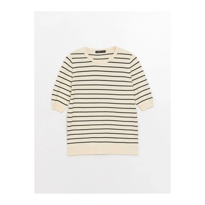 Bisiklet Yaka Çizgili Kısa Kollu Kadın Triko Kazak