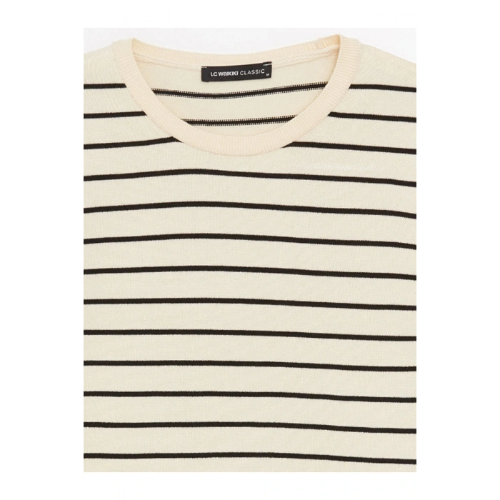 Bisiklet Yaka Çizgili Kısa Kollu Kadın Triko Kazak