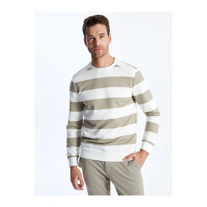 Bisiklet Yaka Uzun Kollu Çizgili Erkek Sweatshirt