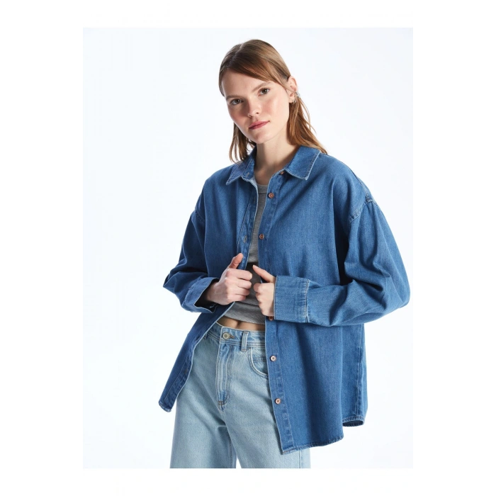 Düz Uzun Kollu Oversize Kadın Jean Gömlek