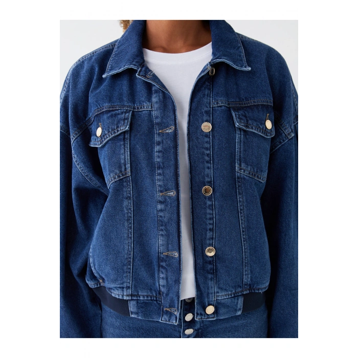 Gömlek Yaka Düz Uzun Kollu Oversize Kadın Jean Ceket