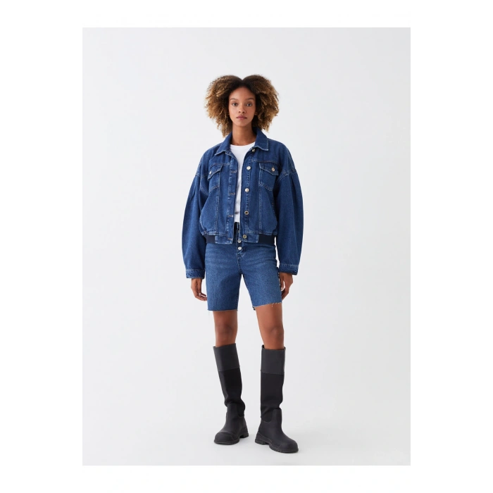 Gömlek Yaka Düz Uzun Kollu Oversize Kadın Jean Ceket