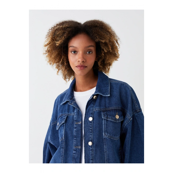 Gömlek Yaka Düz Uzun Kollu Oversize Kadın Jean Ceket