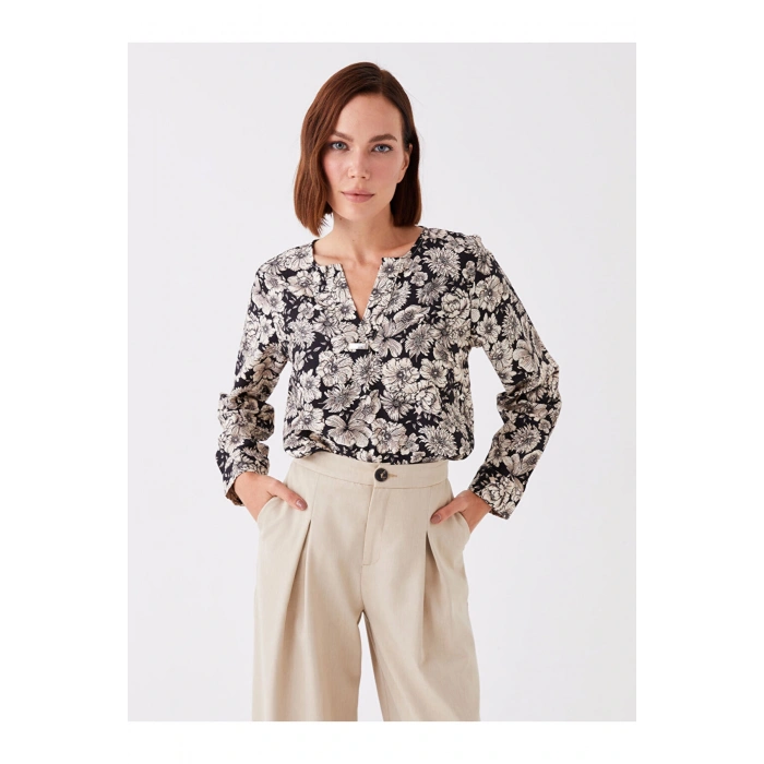 Kaçık Yaka Çiçekli Uzun Kollu Kadın Bluz