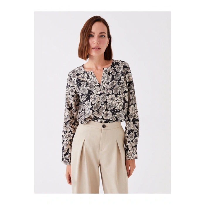 Kaçık Yaka Çiçekli Uzun Kollu Kadın Bluz