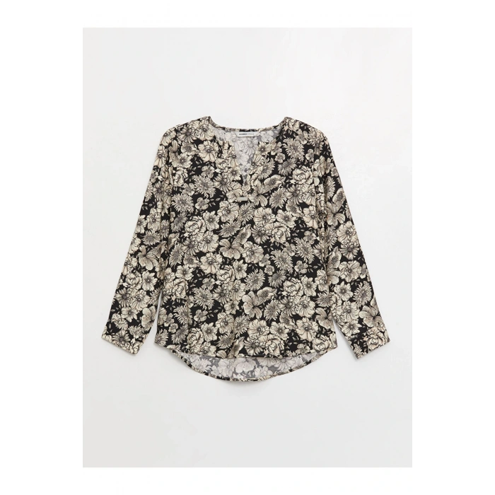 Kaçık Yaka Çiçekli Uzun Kollu Kadın Bluz