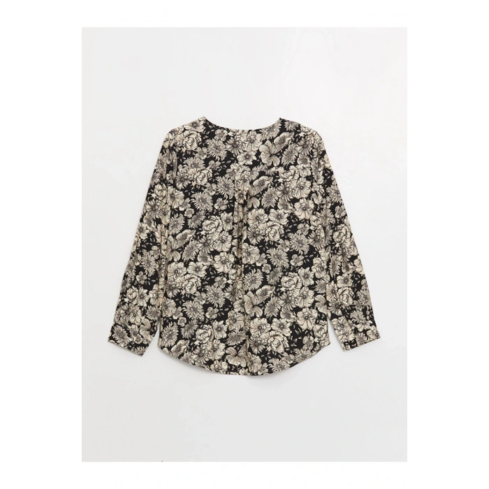 Kaçık Yaka Çiçekli Uzun Kollu Kadın Bluz