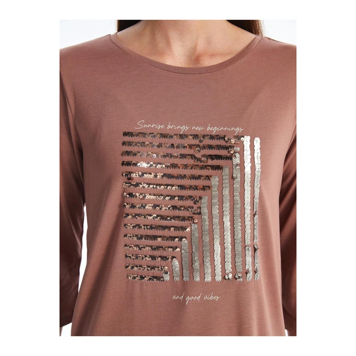 LCWAIKIKI Basic Açık Kahverengi Bisiklet Yaka Pul Payetli Uzun Kollu Kadın Bluz