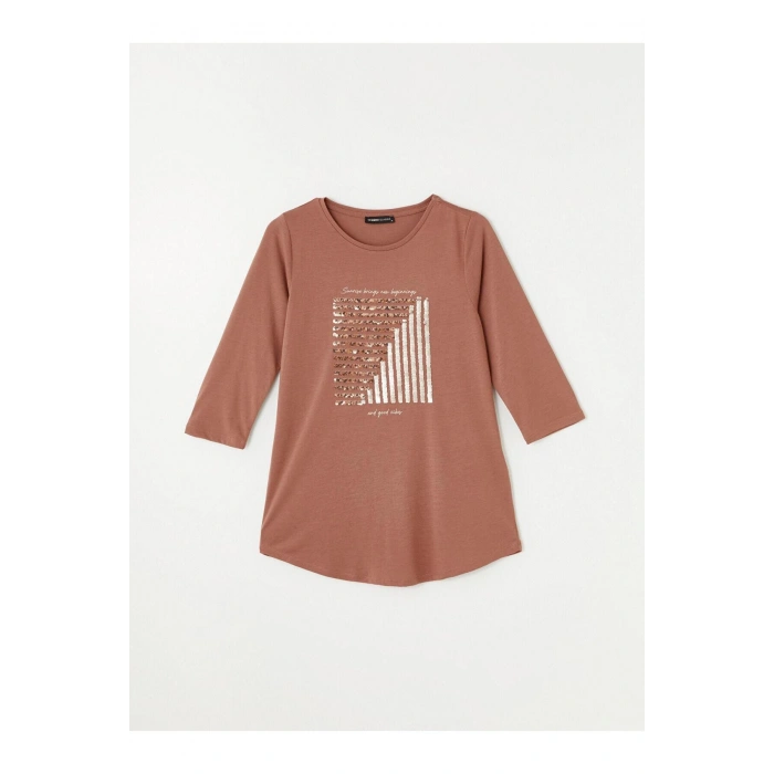 LCWAIKIKI Basic Açık Kahverengi Bisiklet Yaka Pul Payetli Uzun Kollu Kadın Bluz