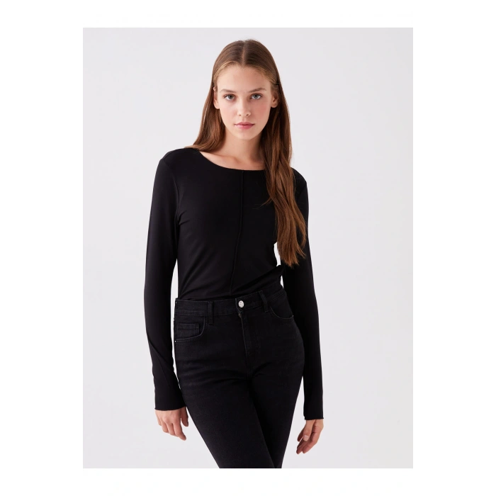 Bisiklet Yaka Düz Uzun Kollu Kadın Tişört