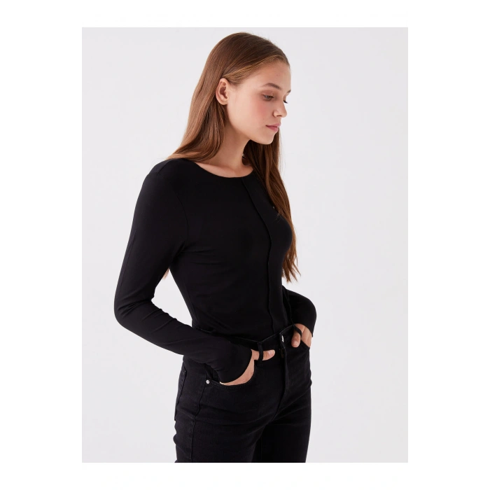 Bisiklet Yaka Düz Uzun Kollu Kadın Tişört