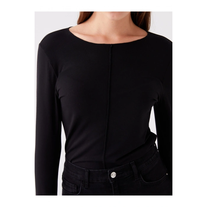 Bisiklet Yaka Düz Uzun Kollu Kadın Tişört