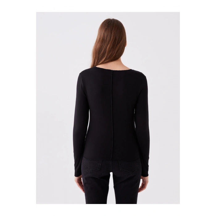 Bisiklet Yaka Düz Uzun Kollu Kadın Tişört