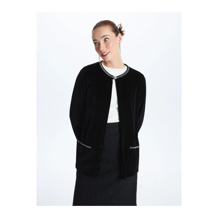 Bisiklet Yaka Düz Uzun Kollu Kadın Hırka